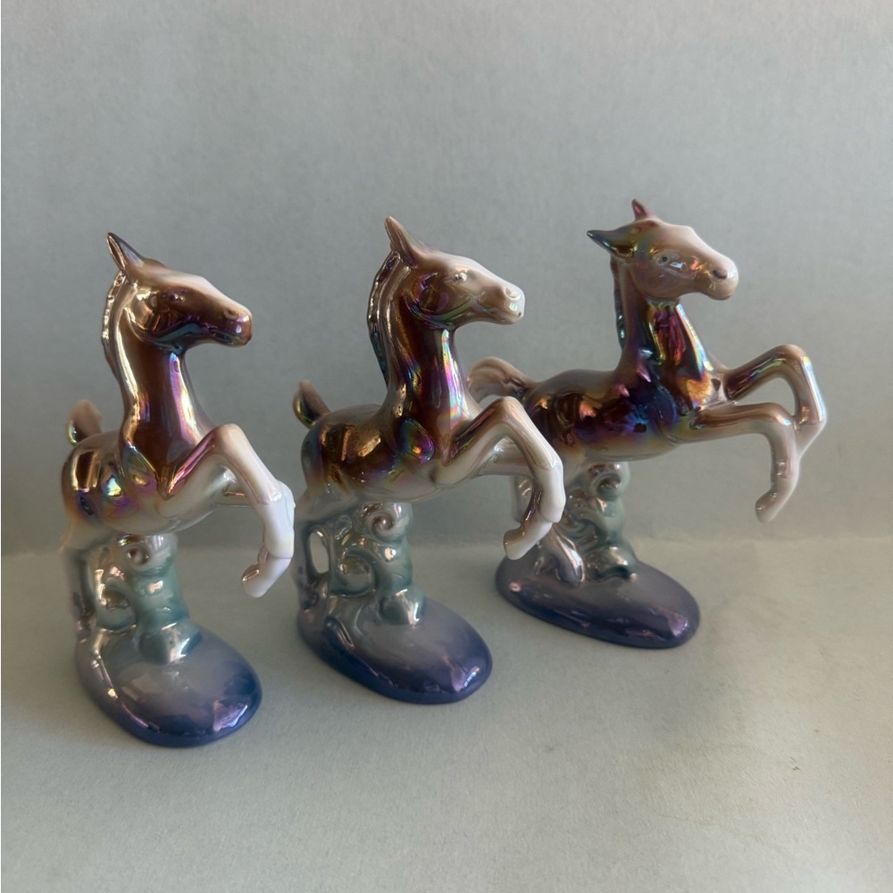 Set of three Iridescent Ceramic Horse / Foal Figurines
